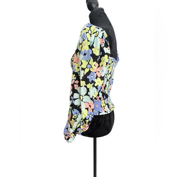 Free People Smocked Floral Puff Sleeve Top XS – Square Neck Black Multicolor - Picture 8 of 13